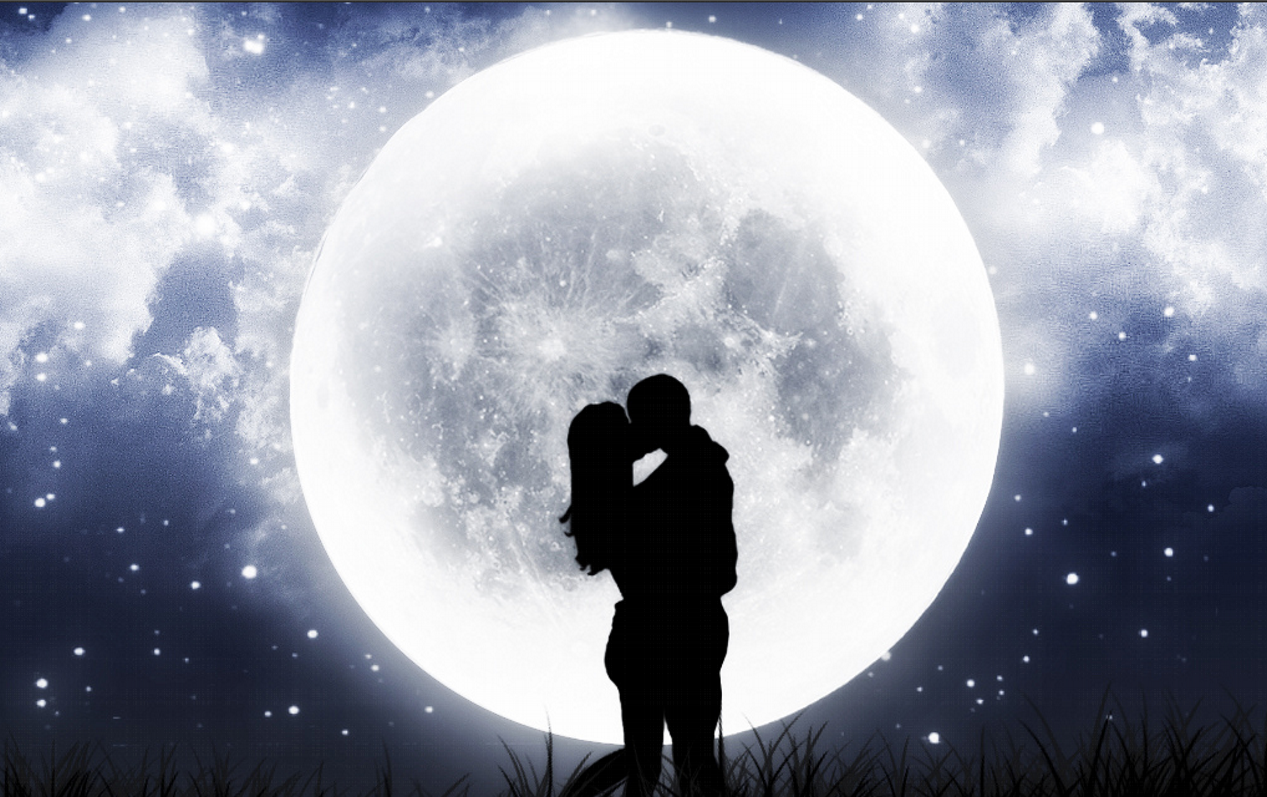 Влюбленные при Луне. Пара на фоне Луны. Поцелуй при Луне. Влюбленная пара на фоне Луны.
