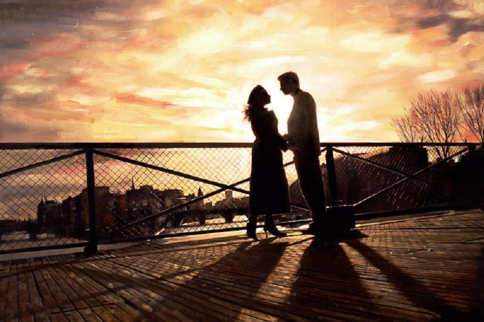 Вечер прощания. Влюбленные на мосту. Двое на мосту. Встреча влюбленных. Парочка на фоне моста.